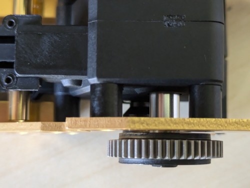 Spur gear mounted on the WRONG SIDE, but gap would be perfect.